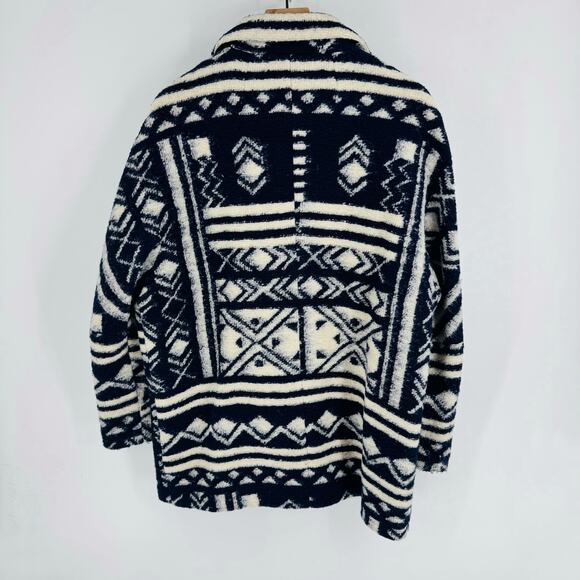 Chunky Navy Cream Geometric Pattern Coat Jacket Longline Boho Size L Fisherman - Picture 2 of 9